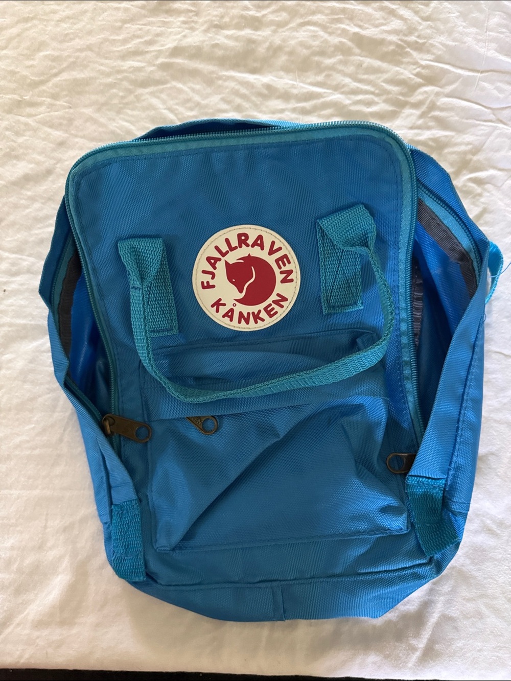 Fjallraven Kanken Kids Backpack in Bright Blue with Red Logo